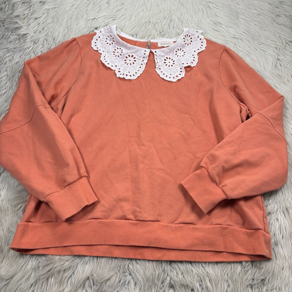 Roolee Women's XXL Eyelet Peter Pan Collar Terry Sweatshirt‎ Cottagecore Preppy